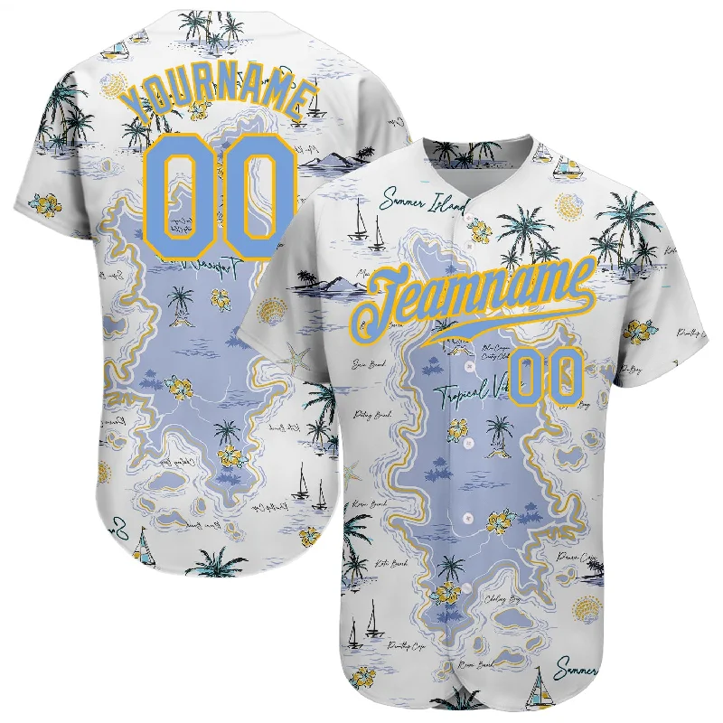 Baseball Jersey with High-Quality Materials for Durability-Custom White Light Blue-Yellow 3D Pattern Design Beach Hawaii Palm Trees And Island Authentic Baseball Jersey