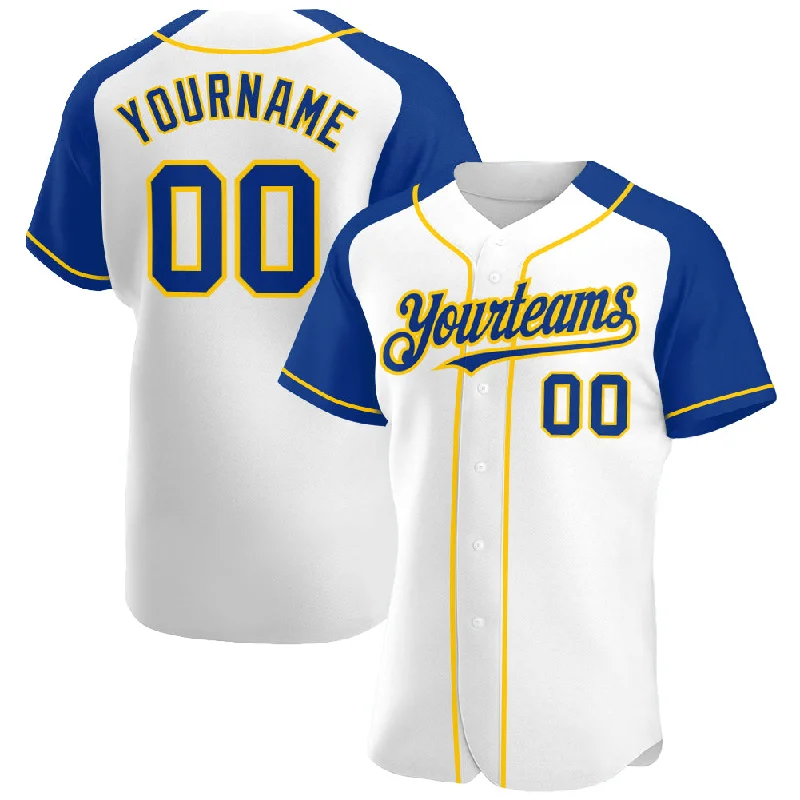 Baseball Jersey with High-Quality Material-Custom White Royal-Yellow Authentic Raglan Sleeves Baseball Jersey