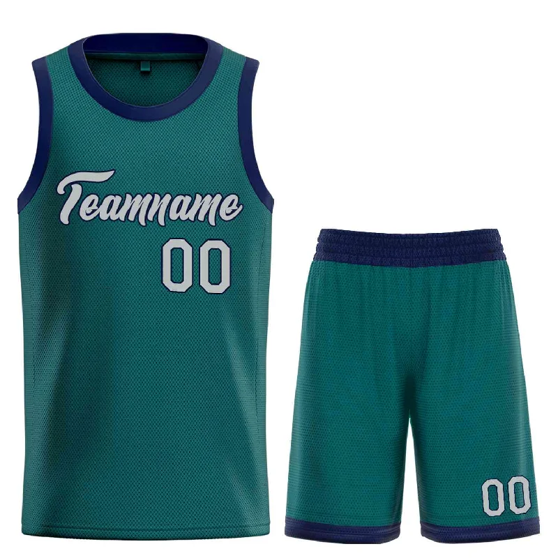 Basketball Jersey for Comfortable Fit with Stretchable Fabric-Custom Aqua Gray-Navy Heal Sports Uniform Classic Sets Basketball Jersey