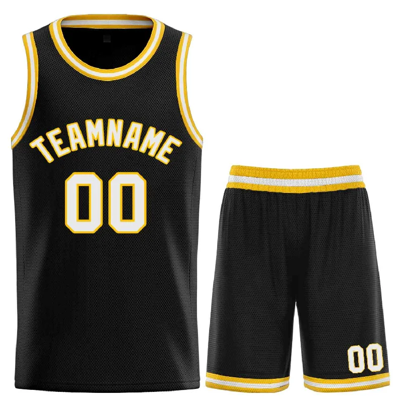 Basketball Jersey for Both Indoor and Outdoor Play-Custom Black White-Yellow Classic Sets Curved Basketball Jersey