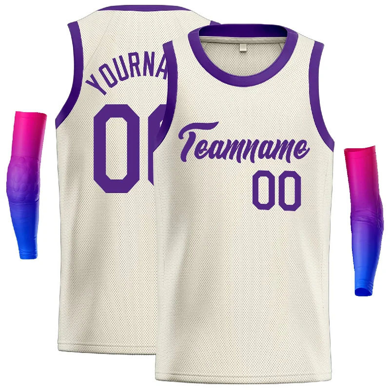 Basketball Jersey with Soft and Flexible Fabric-Custom Cream Purple Classic Tops Casual Basketball Jersey