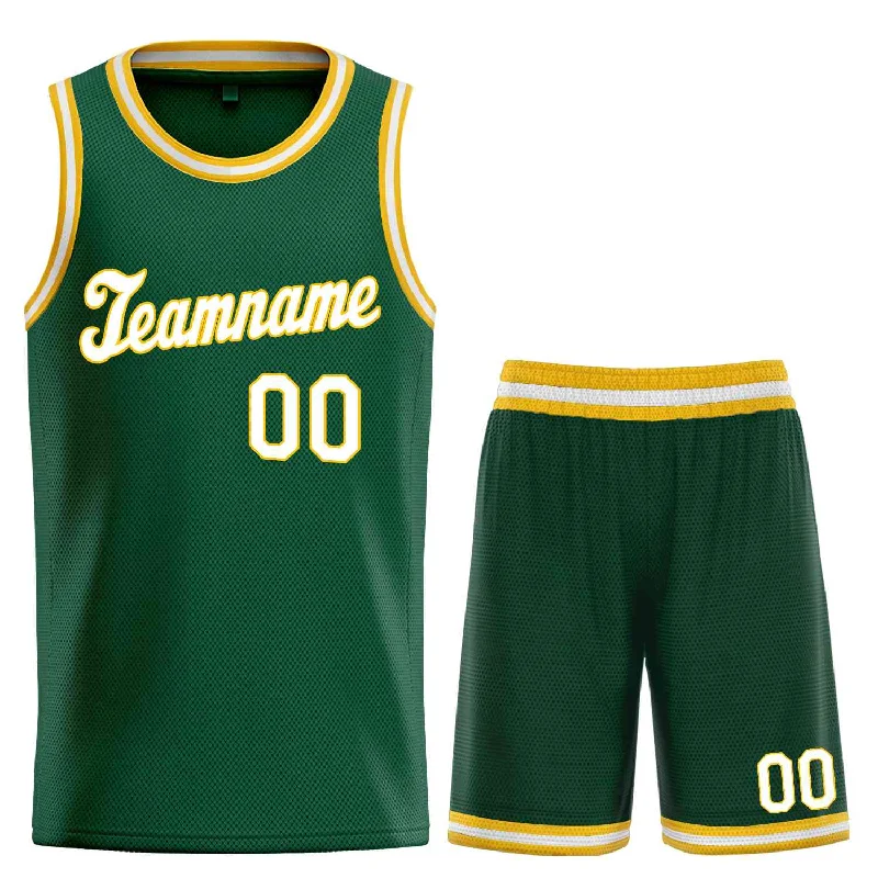 Basketball Jersey for Improved Flexibility During Play-Custom Hunter Green White-Yellow Classic Sets Sports Uniform Basketball Jersey