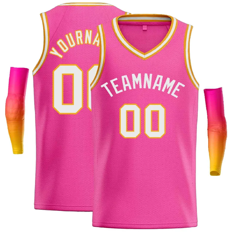 Basketball Jersey for Professional Play and Everyday Comfort-Custom Pink White-Yellow Classic Tops Men Casual Basketball Jersey