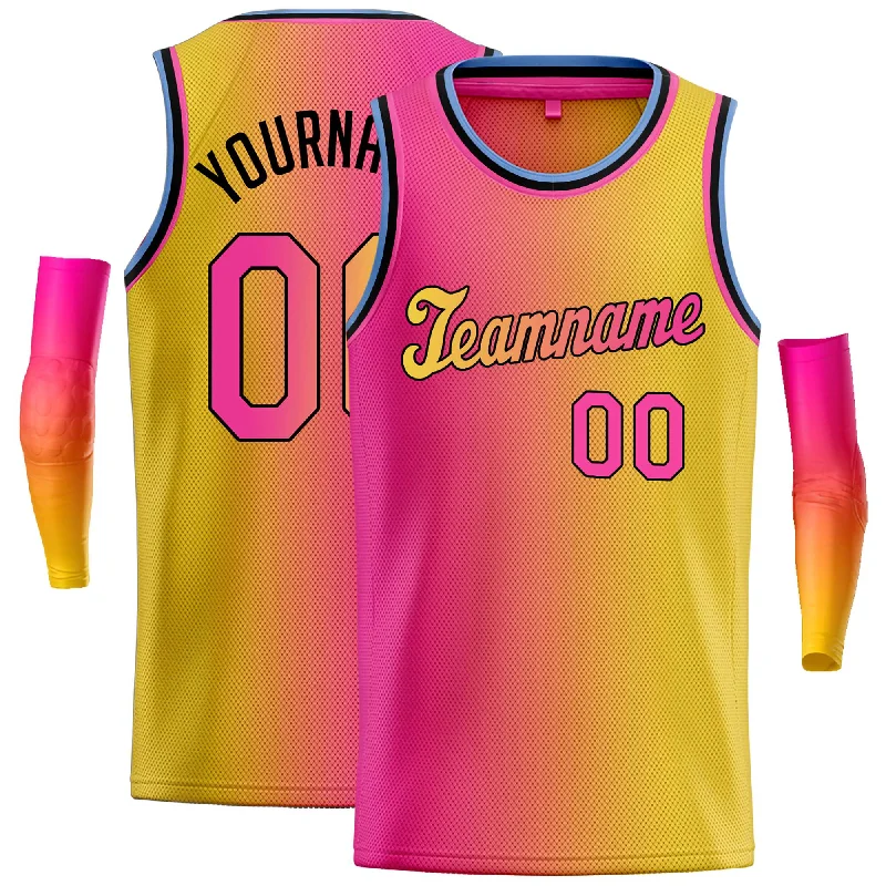 Basketball Jersey with Stretch for Better Fit-Custom Pink Yellow Black-Yellow Gradient Fashion Tops Tilted Basketball Jersey