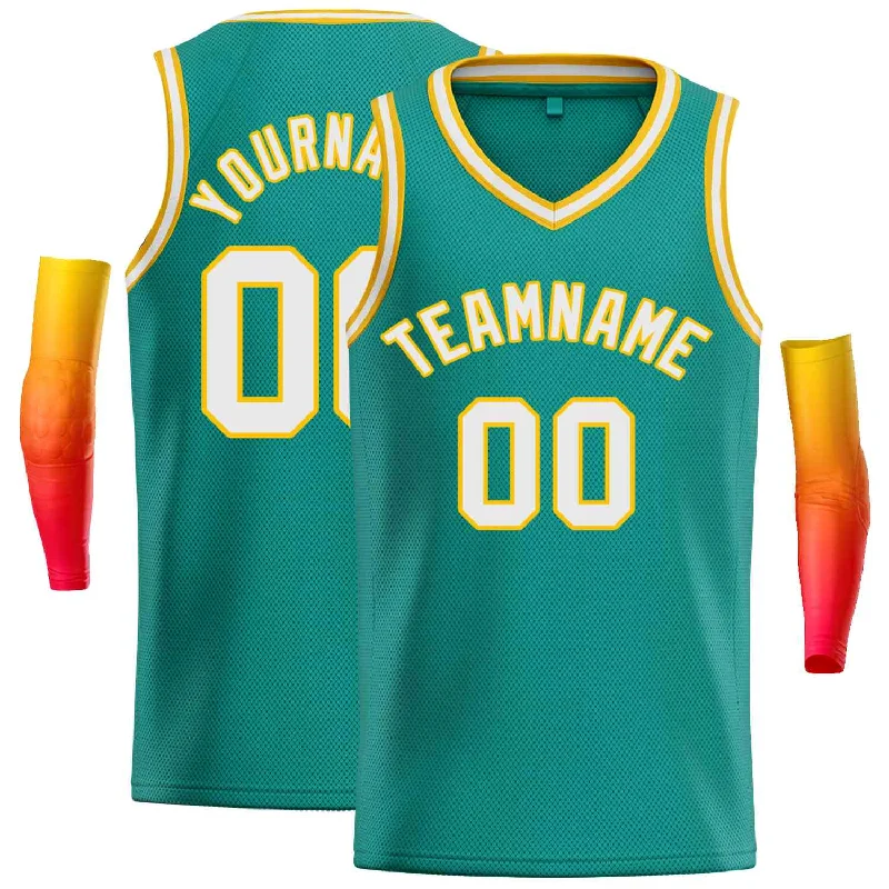 Basketball Jersey for Both Training and Games-Custom Teal White-Yellow Classic Tops Men Casual Basketball Jersey