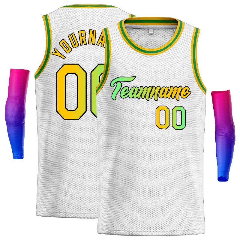 Basketball Jersey for Ultimate Breathability and Performance-Custom White Green Classic Tops Fonts Gradient Fashion Tops Men Casual Basketball Jersey