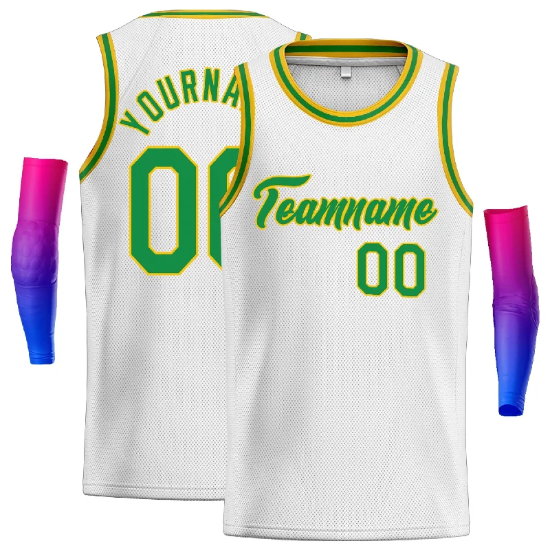 Basketball Jersey for Flexibility and Full Mobility-Custom White Green-Yellow Classic Tops Men Casual Basketball Jersey