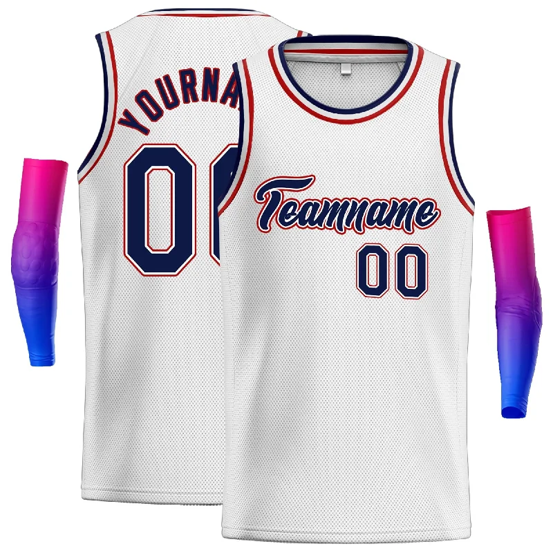 Basketball Jersey with Breathable Mesh for Cool Play-Custom White Navy-Red Classic Tops Men Casual Basketball Jersey