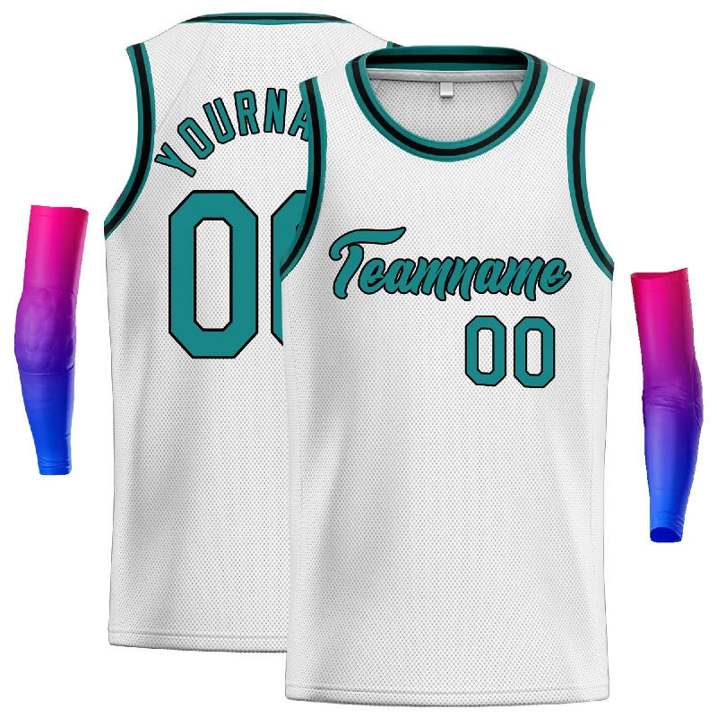 Basketball Jersey for Stylish Fit and Quick Movement-Custom White Teal-Black Classic Tops Men Casual Basketball Jersey