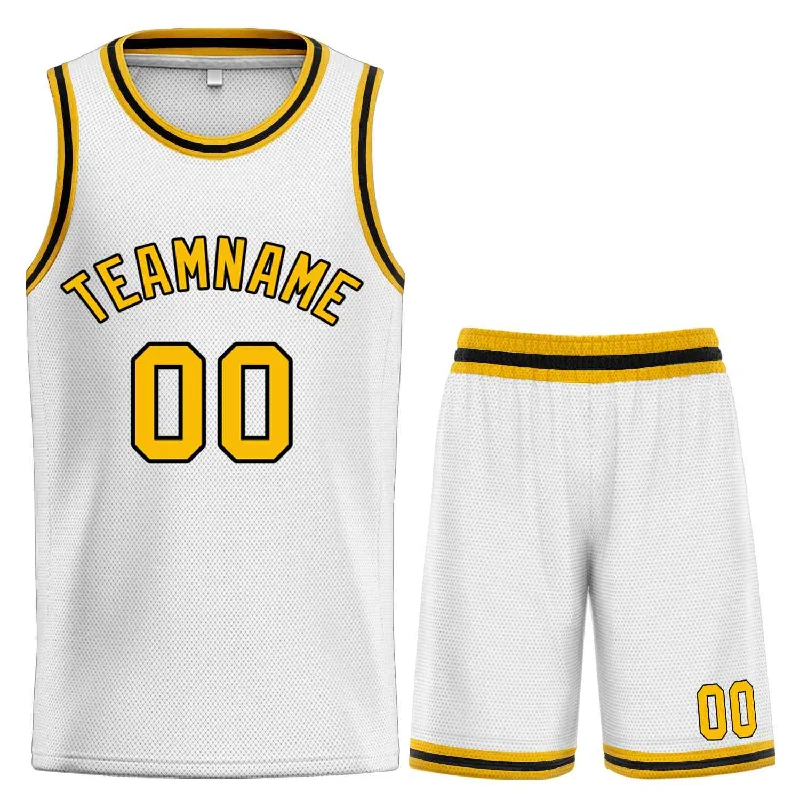 Basketball Jersey for Improved Flexibility During Play-Custom White Yellow-Black Classic Sets Curved Basketball Jersey