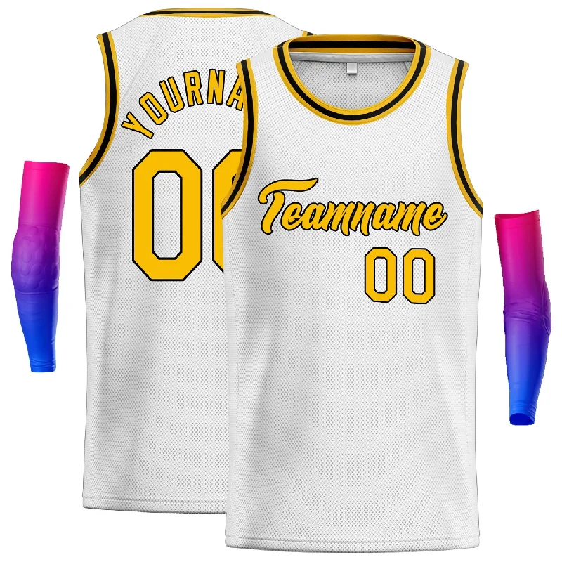 Basketball Jersey with Soft Inner Fabric for Comfort-Custom White Yellow-Black Classic Tops Men Casual Basketball Jersey