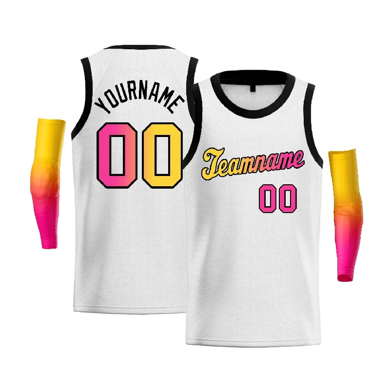 Basketball Jersey for High-Speed Performance-Custom White Yellow Pink-Black Gradient Fashion Tops Basketball Jersey